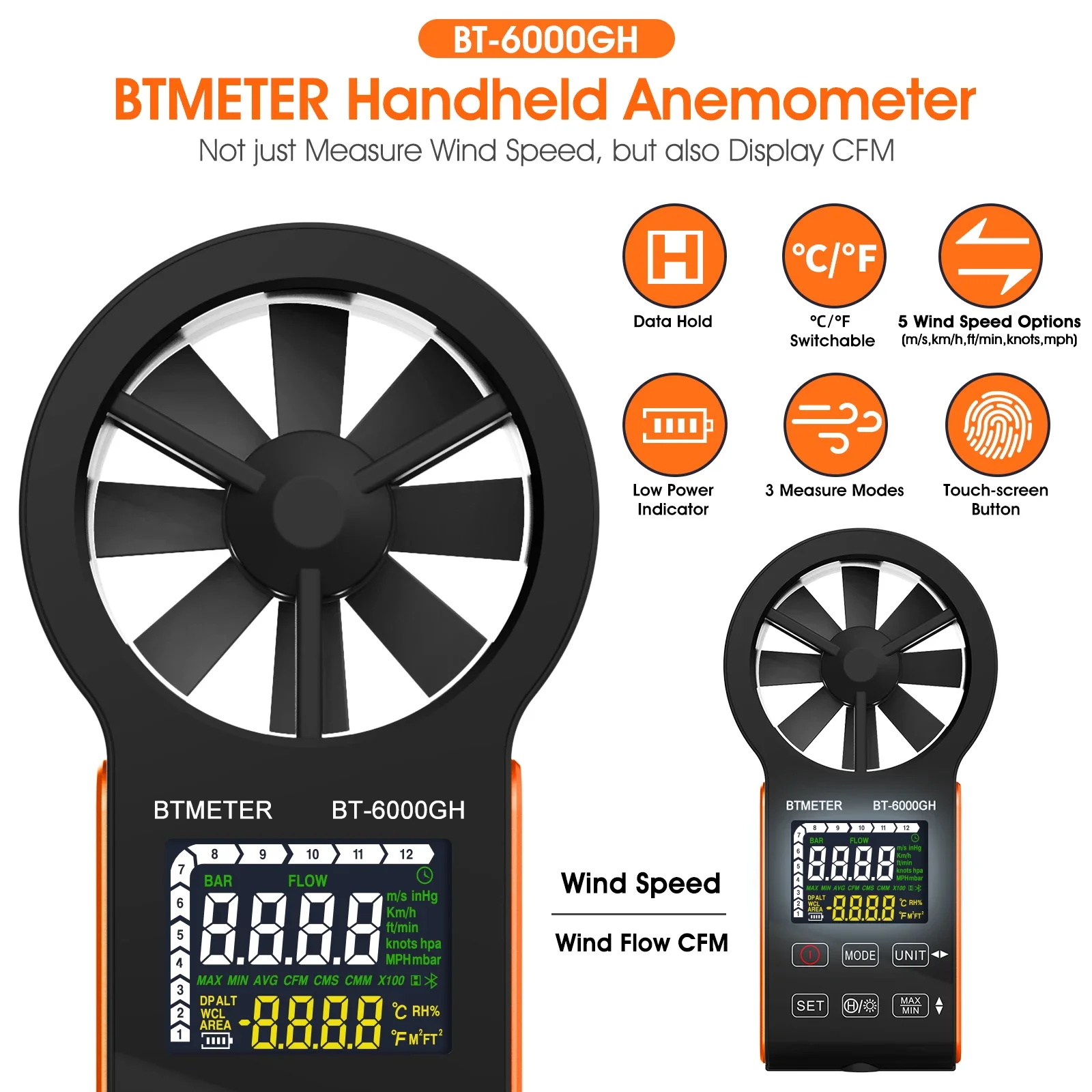 Imagem -02 - Anemômetro Digital Velocidade do Vento 0.330 m s Tecla de Toque Recarregável Temp Máximo Max & Min Teste do Volume de ar Btmeter-bt6000gh-c
