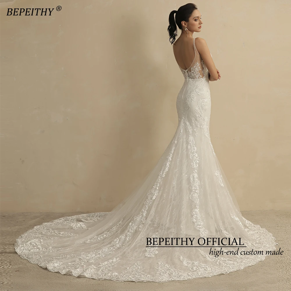 BEPEITHY Customized Real Image Mermaid Lace Wedding Dress For Women Court Train Sleeveless V Neck Open Back Vintage Bridal Gown