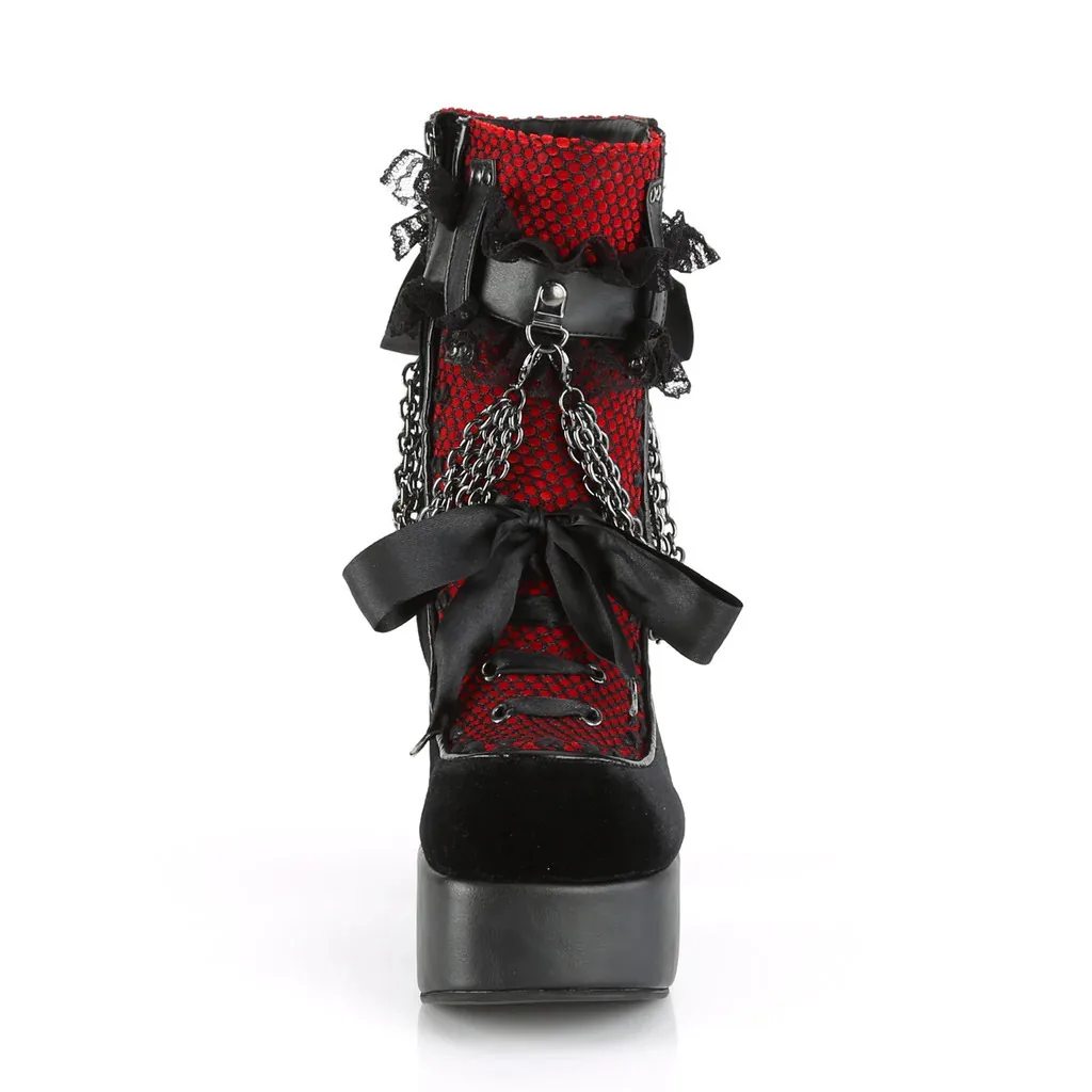 Gothic Ketten-Spitzen-Schleifen-Plateau-Stiefeletten Retro Runde Zehenpartie Quadratischer Absatz Klobige Plateau-Kurzstiefelette Damen Punk Party Schuhe – Detail 12