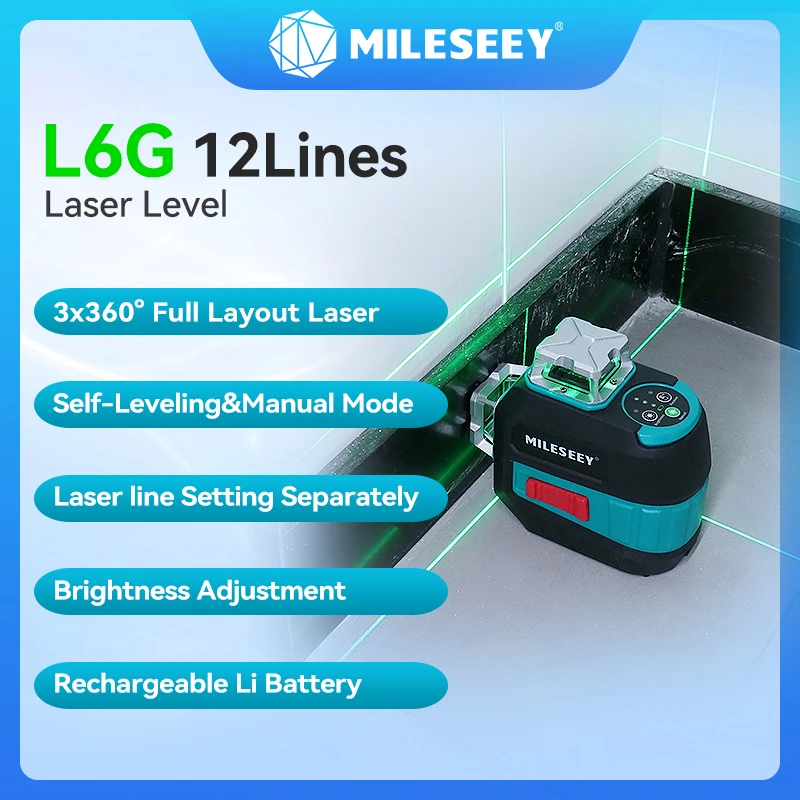 Mileseey 3D 12 Lines Green Laser Level,3*360 Horizontal Vertical Cross,Auto Self-Leveling Manual Mode Rechargeable,For Deco