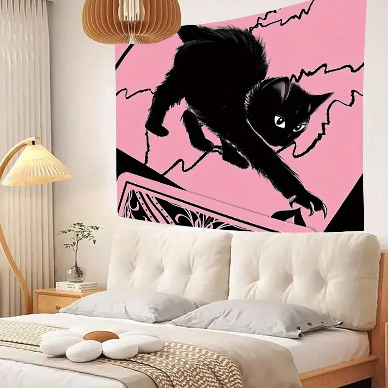 Black Cat Tapestry: Pink and Black Animal Print for Bedroom Decor, No Electricity Required, Perfect for Festive Gifts