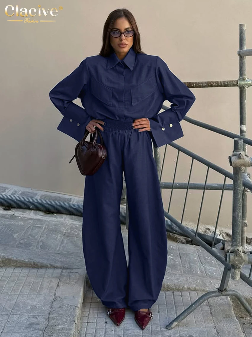 

Clacive Fashion Loose Blue Denim 2 Piece Set Women 2026 Elegant Long Sleeve Shirt With High Waist Wide Pants Set Female Clothing
