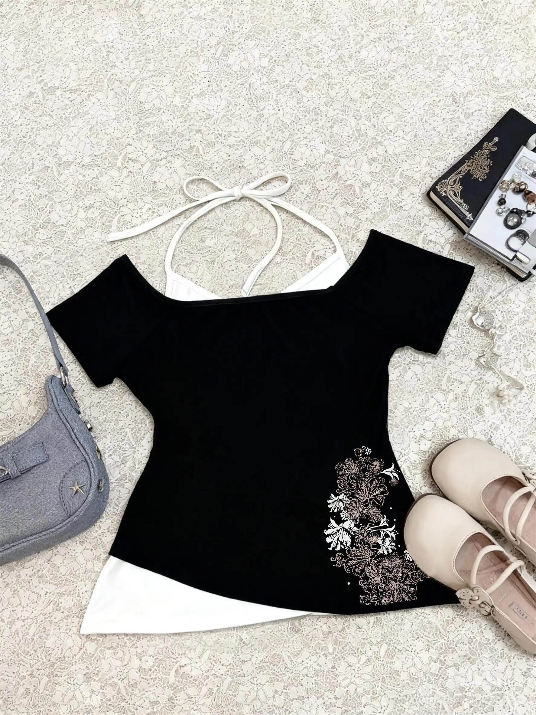 

American Vintage T Shirts Retro Grunge Letter Flower Print Crop Tops Y2k Summer T Shirts Fashion Streetwear Halter Harajuku Tees