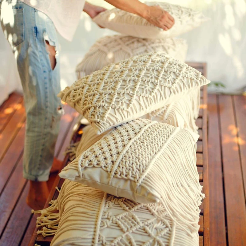 Cotton rope hand-woven fringed retro pillow cover INS Bohemian Asian living room pillow cushion seat cushion