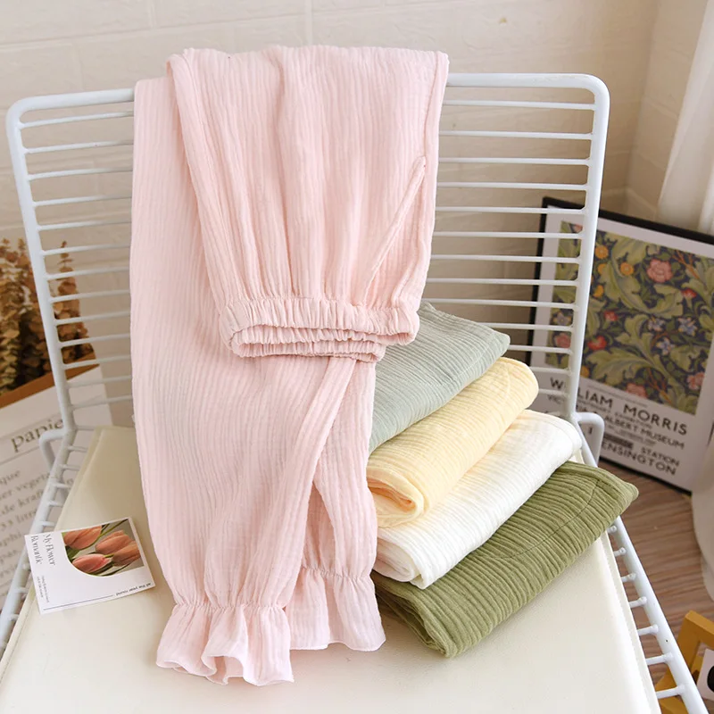 2026 New Spring/Summer Women's Sleeper Pants 100% Cotton Crepe Solid Color Fresh Loose Leg Home Large Casual Pants Women