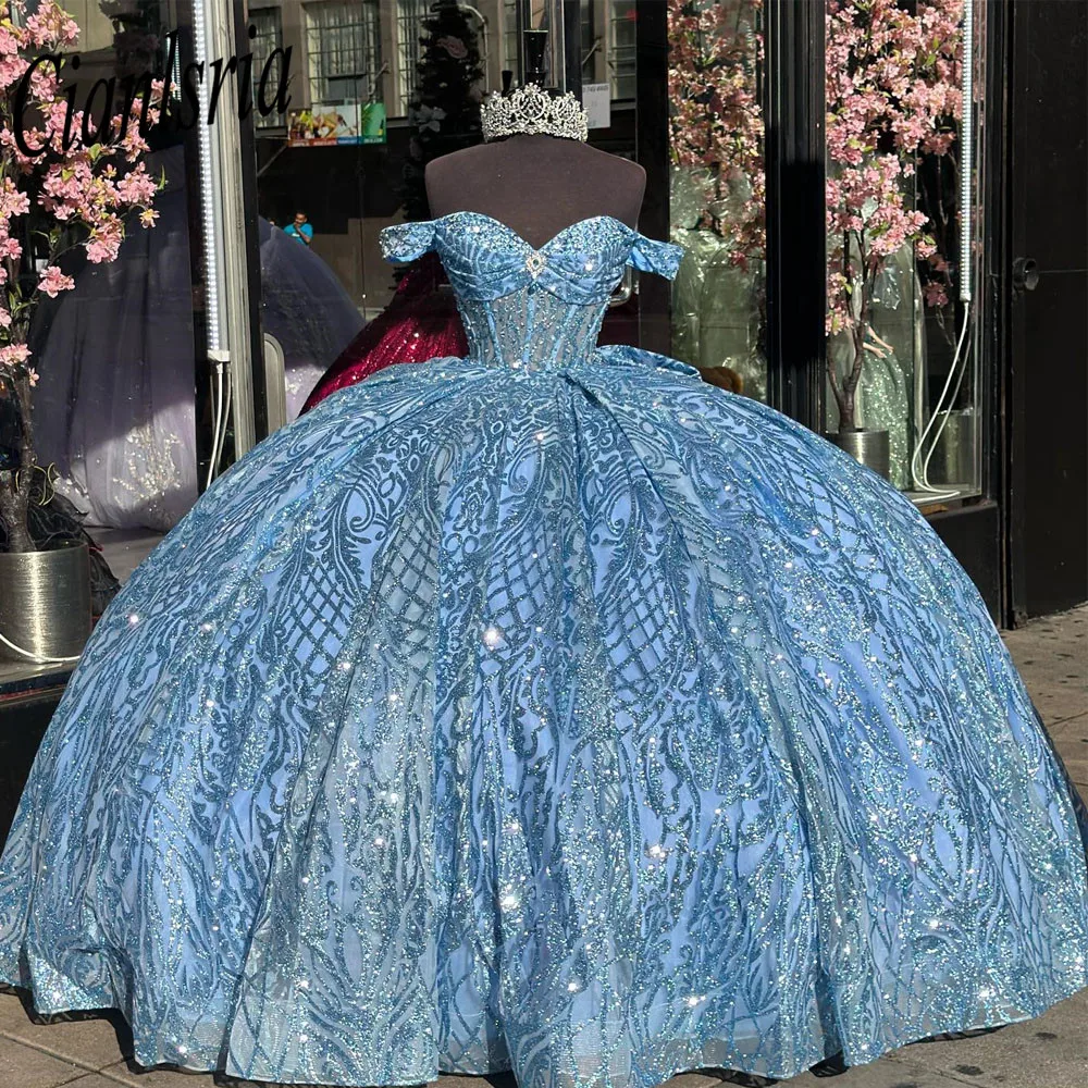 Abito da ballo con paillettes di cristallo glitterato azzurro abito Quinceanera con spalle scoperte Illusion Bow corsetto Sweet Vestidos De XV asenos