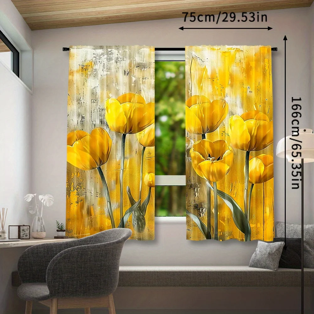Elegant Yellow Tulip Floral Curtains Waterproof Light Blocking Drapery Panels for Modern Living Room Bedroom Window Decor