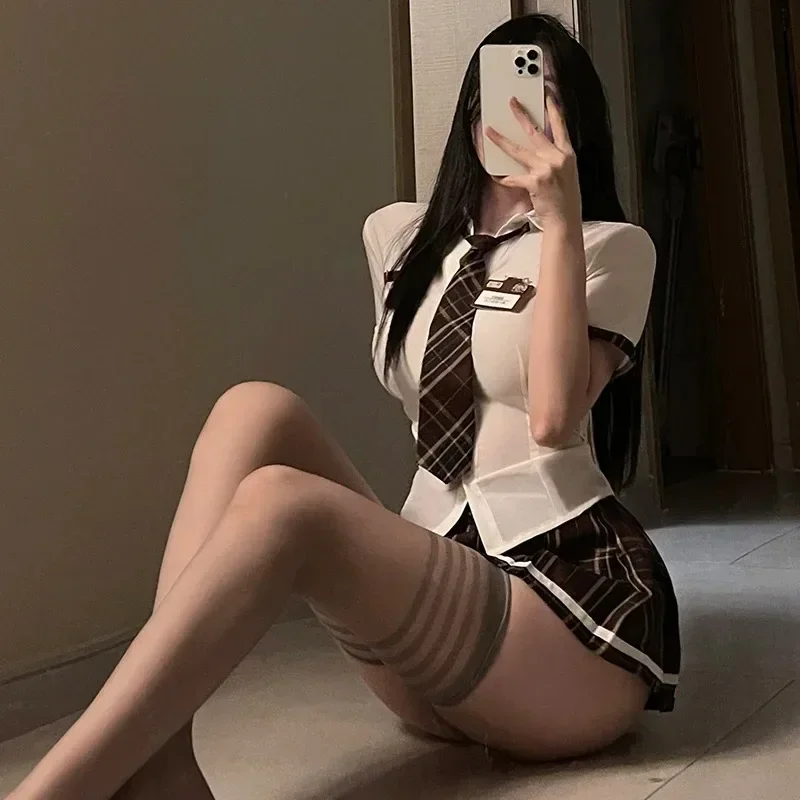 

New Sailor Japanese Style Sweet Erotict Suits Female Short Sleeve Bow Tietops+pleated Mini Skirt Lingerie Women Sheer Sexy Sets