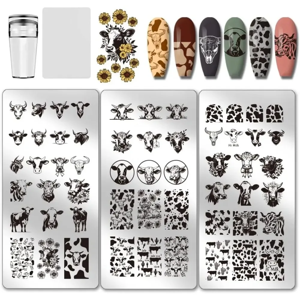 3pcs Cow-Theme Nail Stamping Plates 56 Patterns Cow Spots Nail Art Stencils Cute Animal Manicure Art Templates Leopard Nails