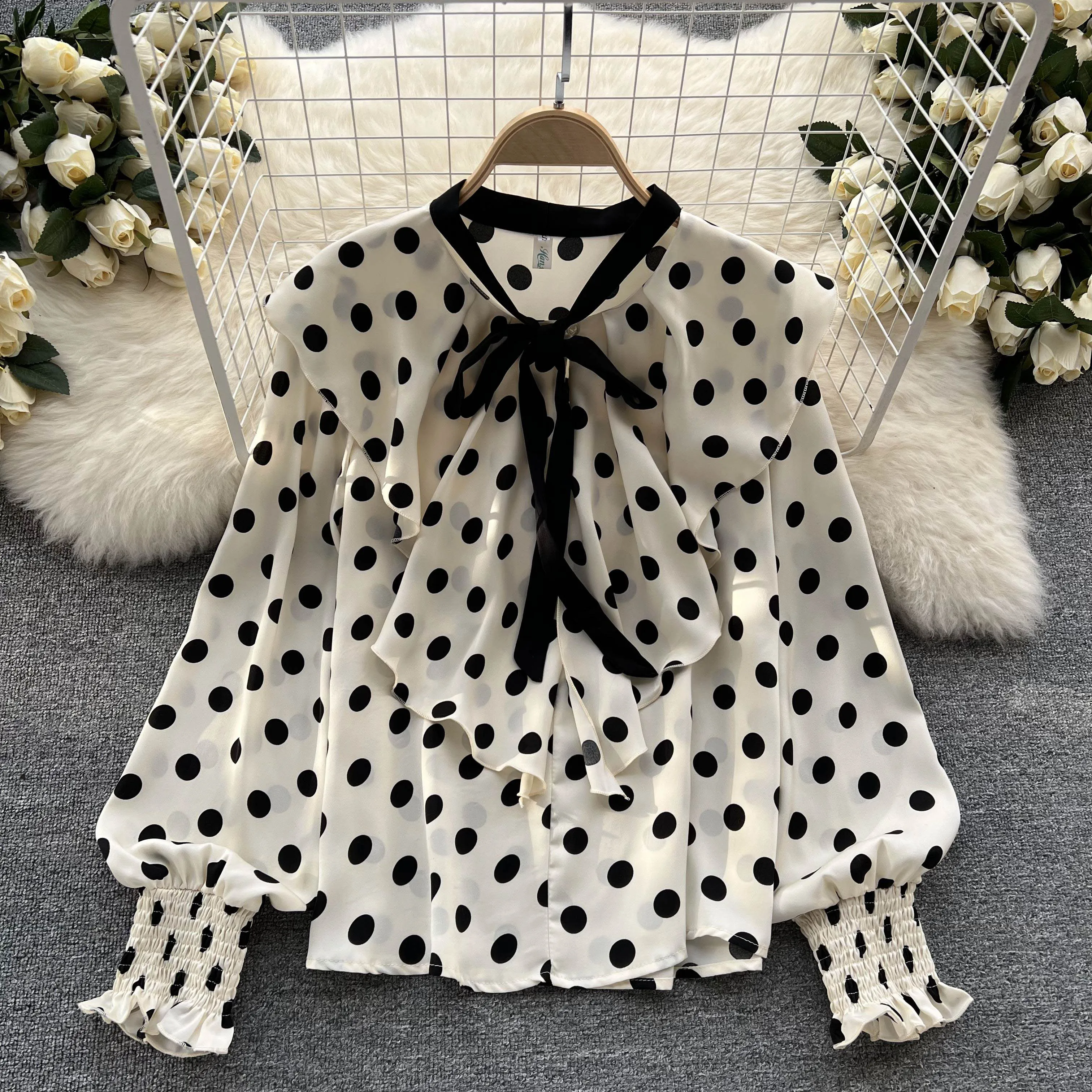 Vintage Polka Dot Long Sleeve Ruffle Casual Slim Sexy Shirt Chic Thin Tees Women Harajuku Streetwear Spring Fashion Crop Top