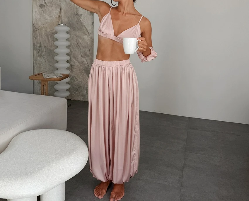 New 2026 Pajamas Women's Summer Satin Suspender Underwear Bloomers Two-piece Loungewear Can Be Worn Outside