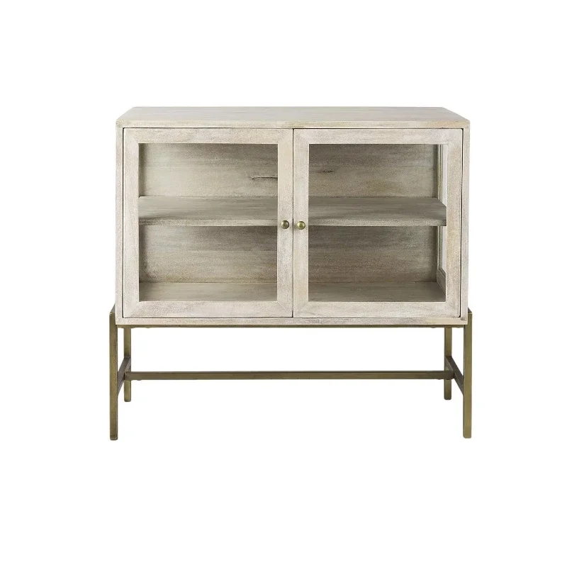 

Grey solid mango wood sideboard with two glass doors, modern antique traditional design, suitable for home bars or living rooms