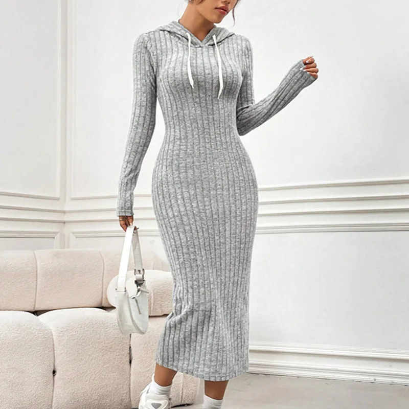 Fashion slim casual Maxi Dresses for Women autumn winter Solid hooded Bodycon Dress long sleeve elastic Knitted Dress vestidos