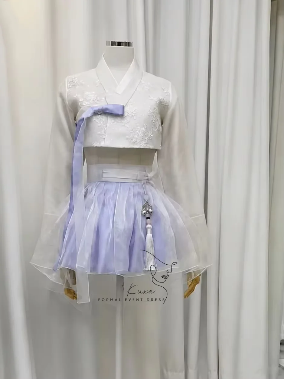 KUXA Soft Pink Ivory Short Crossover Modernized Hanbok Dress Puffy Tulle Organza Layered Embroidered Prom Dress Customized