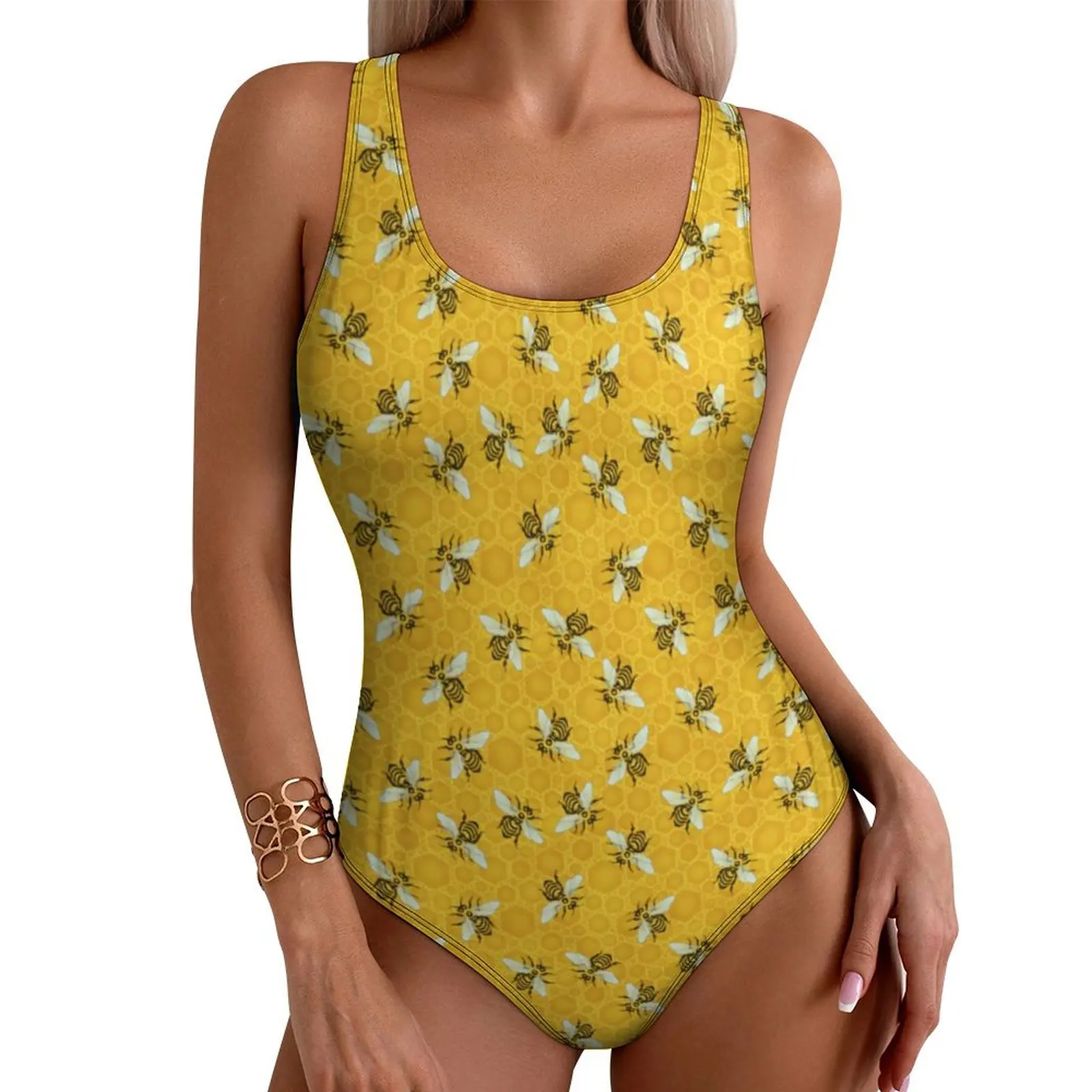 Bees Honeybees Honeycomb-2 Swimsuit Cute Beehive Push Up Swimwear One Piece Vacation Bath Bathing Suits Swimsuits Sexy Beachwear