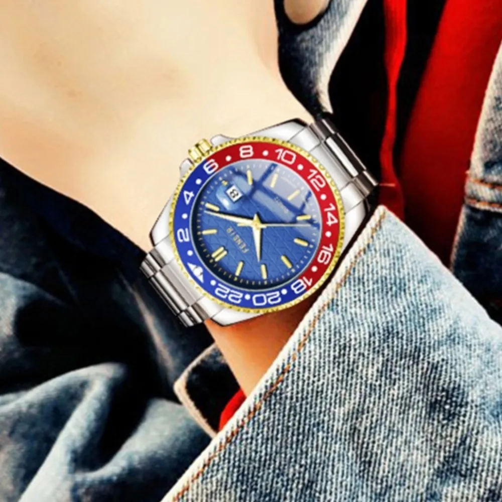 

Men's Fashion Luxury Brand Business Sports Watches 2025 Male Red Blue Dial Quartz Steel Calendar Watch For Man Gift WristWatch