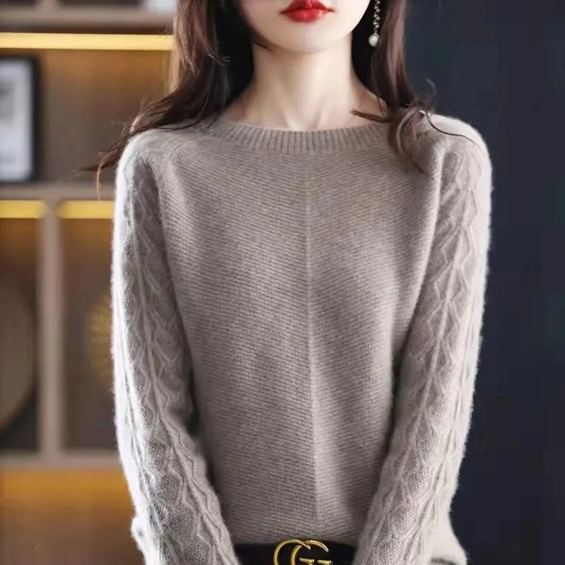 Women\'s 100% Pure Wool Cashmere Sweater O-Neck Pullover Knitted Casual Sweater Winter New Long-Sleeved Warm High-Grade Jumper