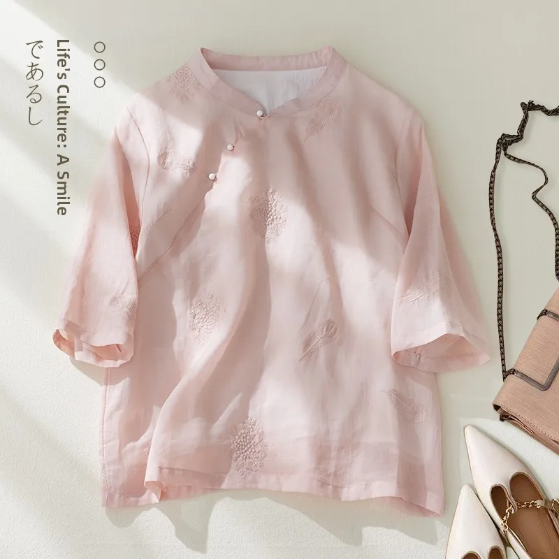 

plus Size Women's Slimming Cotton Linen Embroidered Stand Collar T-Shirt Spring Summer New Style Base Layer Shirt Commute Style