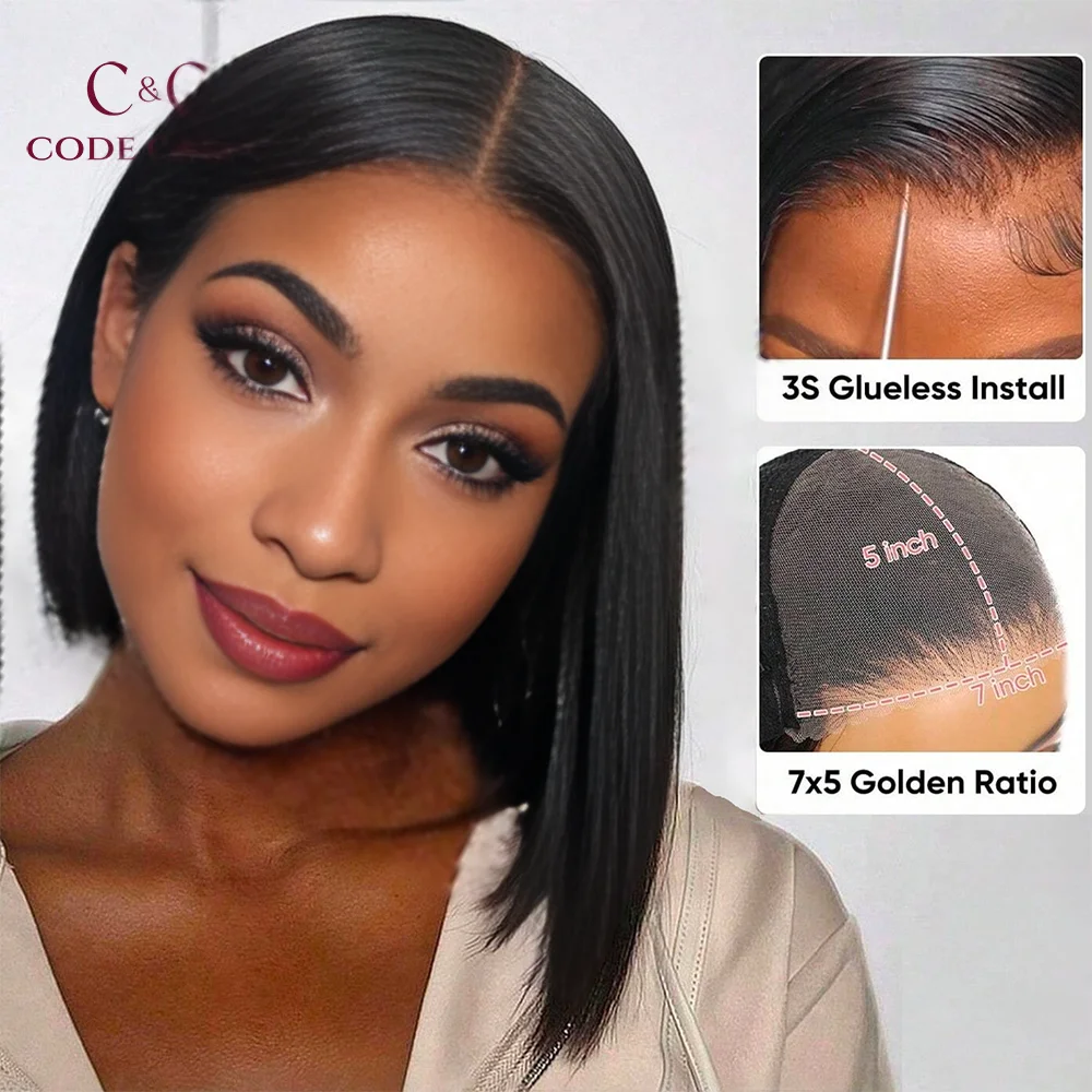 7x5 Pre Cut Skin Melt Lace Glueless Wig Invisible Knots Pre Plucked Silky Straight Bob Wig Natural Color 1B# 180% Density