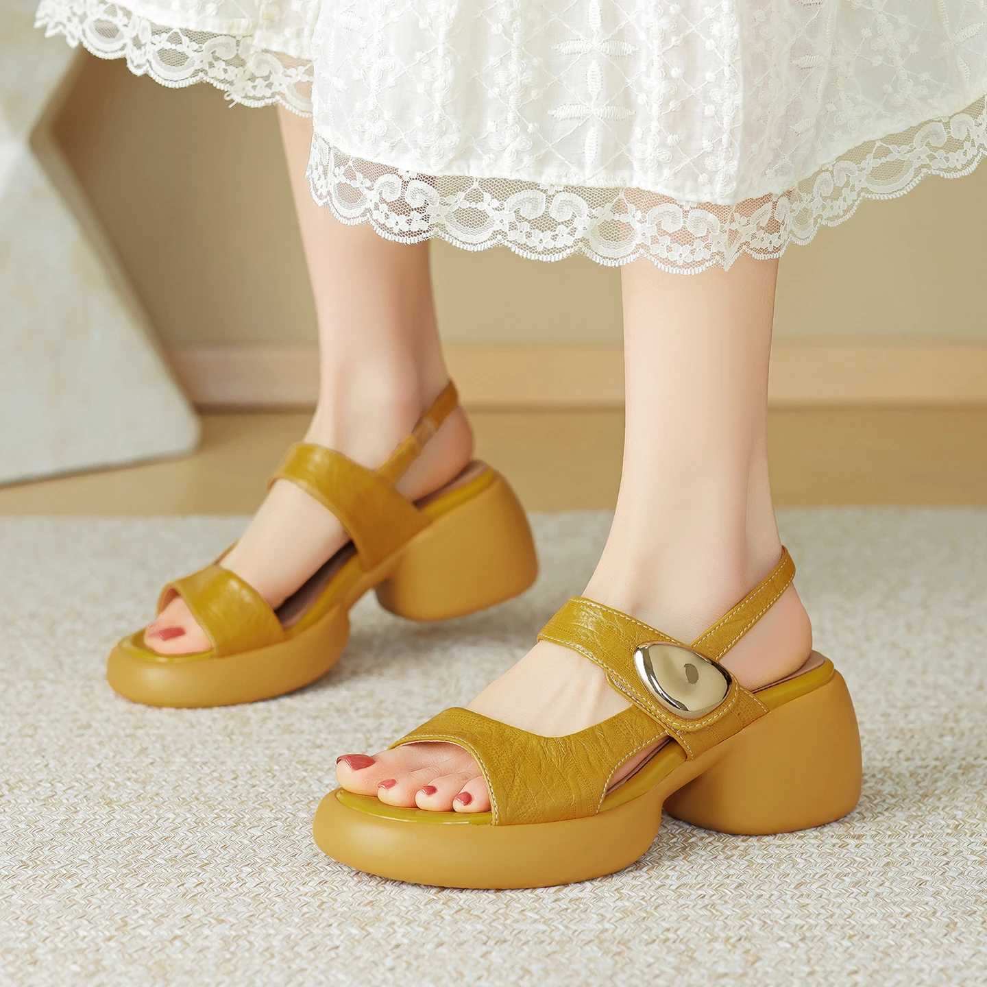 

Genuine Leather Platform Open Toe Women Sandals Single Strap High Heels Summer New Dressy Women Shoes