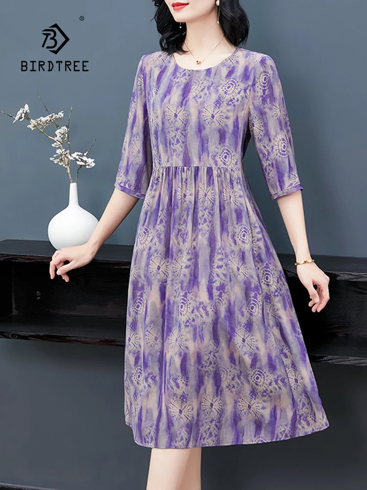 BirdTree, 100%Real Silk Eleagnt Dresses, Women Half Sleeve Printed, Temperament  Oversize Mom Dress, 2024 Summer New D44821QC