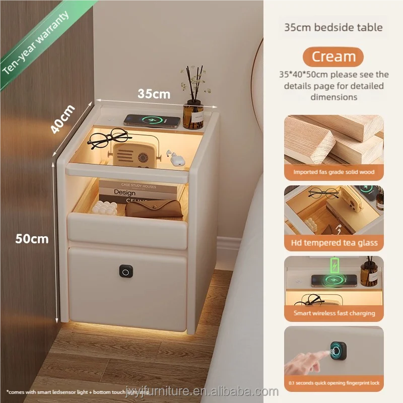 طاولة سرير ذكية لغرفة النوم، لاسلكية متعددة الوظائف، قفل بصمة الإصبع، خزانة بجانب السرير من الخشب الصلب #3
