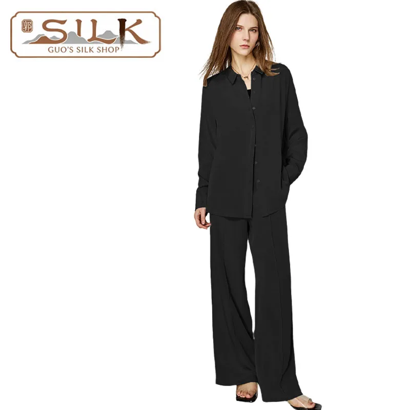 

Natural Silk Women's Suit Long-sleeved Shirt and Wide-leg Pants Set Elegant, Simple Luxurious, Casual and Comfortable Clothing