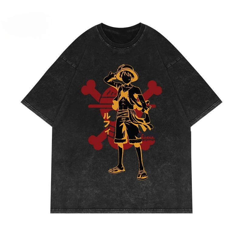 Camiseta con estampado de Luffy y Nami de color chocolate del anime One Piece, estilo urbano, para hombre y mujer