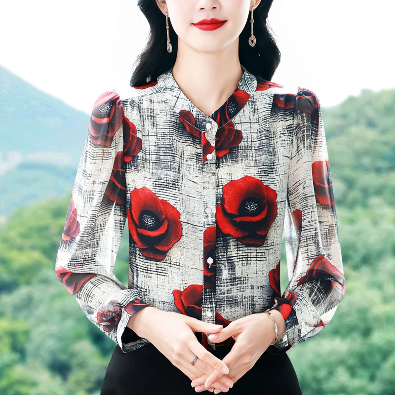 

Новая женская шифоновая блузка с цветочным принтом в стиле ретро, весна-осень 2026, модная офисная блузка с длинным рукавом