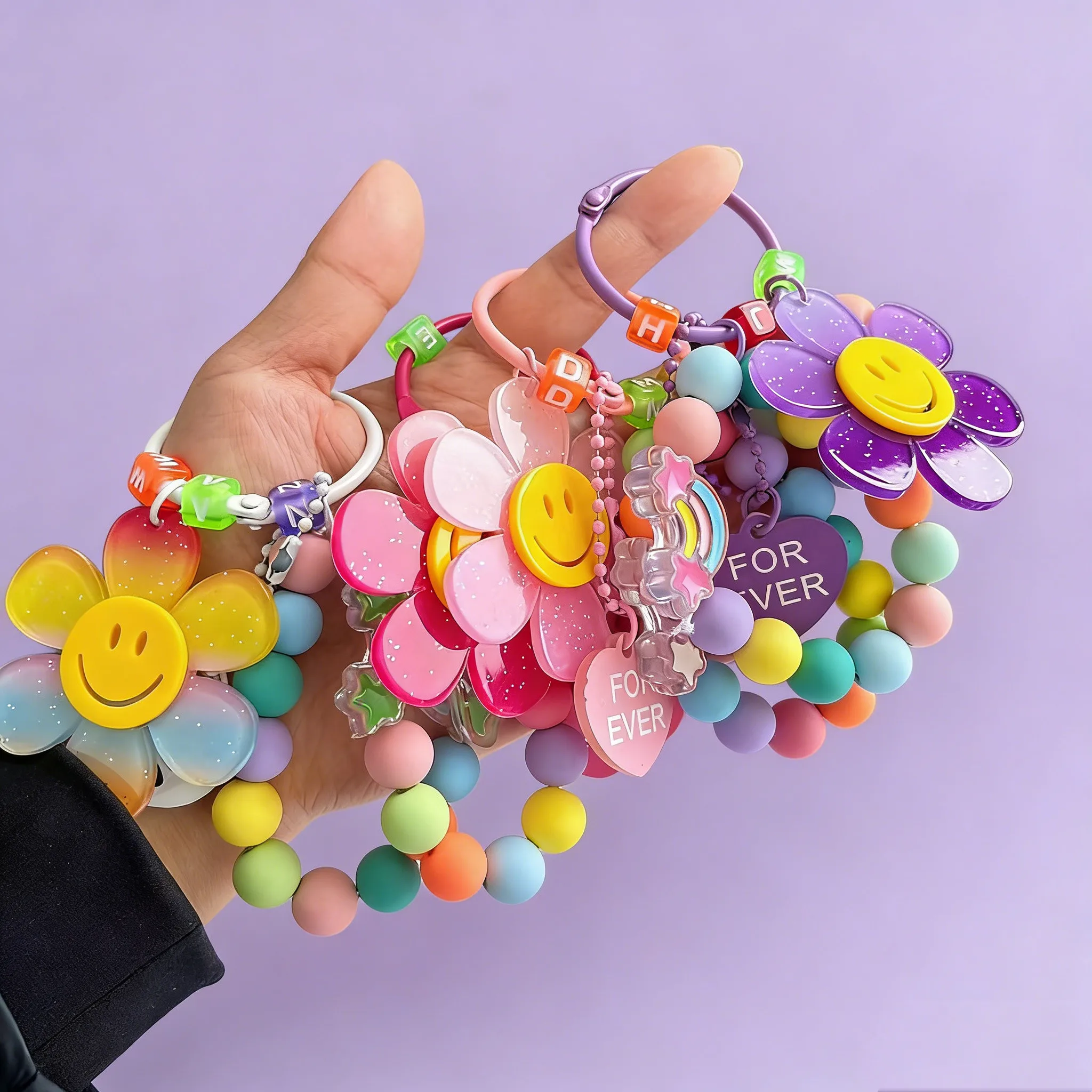 Letter Sunflower Bag Pendant Happy Face Rubber Bead Rainbow Hand Beaded Key Chain