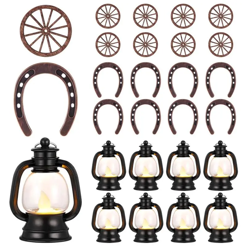 24Pcs Lucky Horseshoe Wooden Wagon Wheel Decor Mini Lanterns for Centerpieces Western Themed Party Western Wedding Decorations