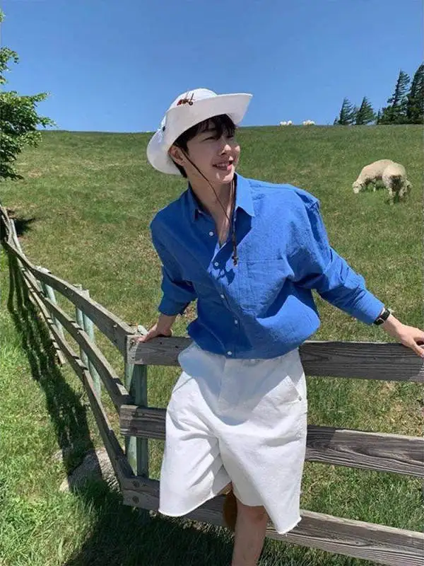 

Klein синяя льняная мужская повседневная свободная посадка с защитой от солнца irt American Sle верхняя одежда для похудения Stand Edition Long Sve