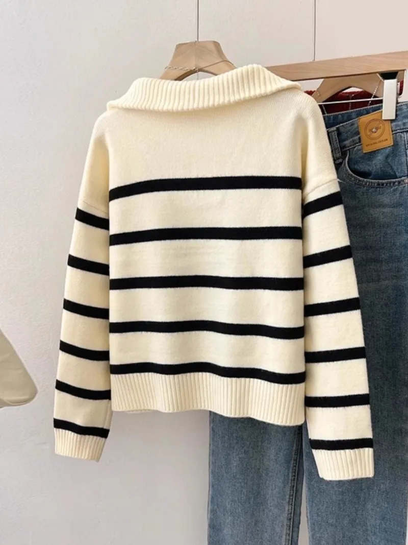 Women Fashion Loose Striped Asymmetry Knitted Sweaters Vintage Long Sleeve Zip-up Female Pullovers Chic Knitwear Tops 2024