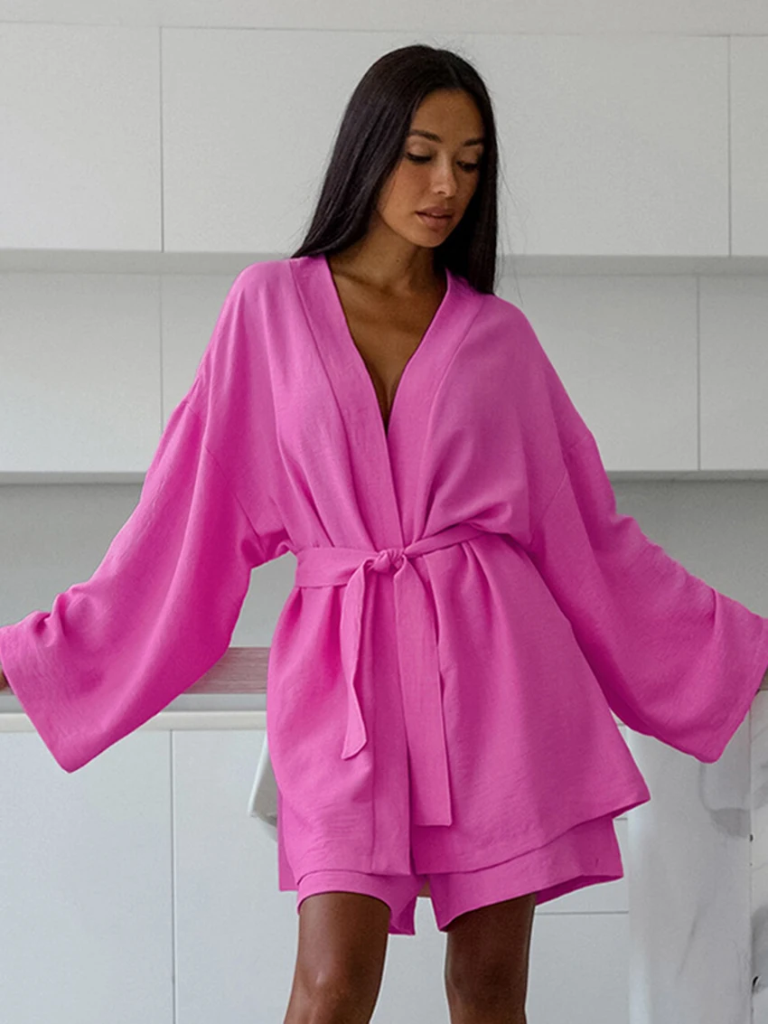 Marthaqiqi New 2023 Ladies Pajamas Suit Sexy V-Neck Sleepwear Long Sleeve Nightwear Lace Up Nightgowns Shorts Women Nightie Set