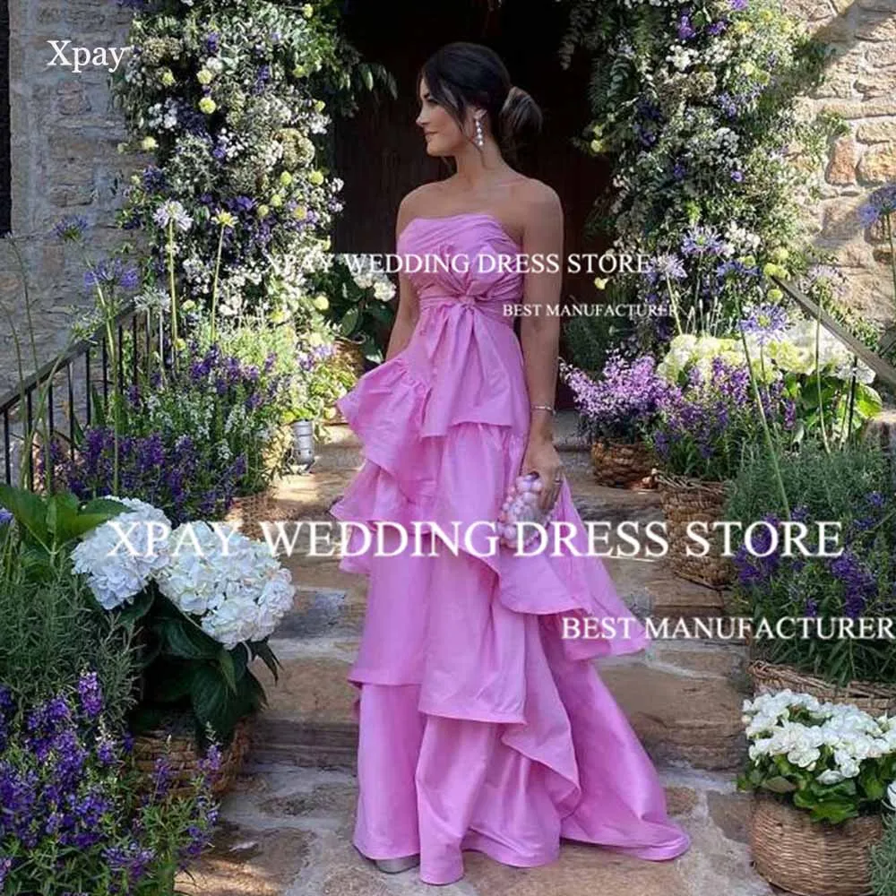 

XPAY Lavender Evening Dresses Ruffles Tiered Strapless Formal Occasion Gown Sleeveless Backless Big Bow Wedding Party Dress