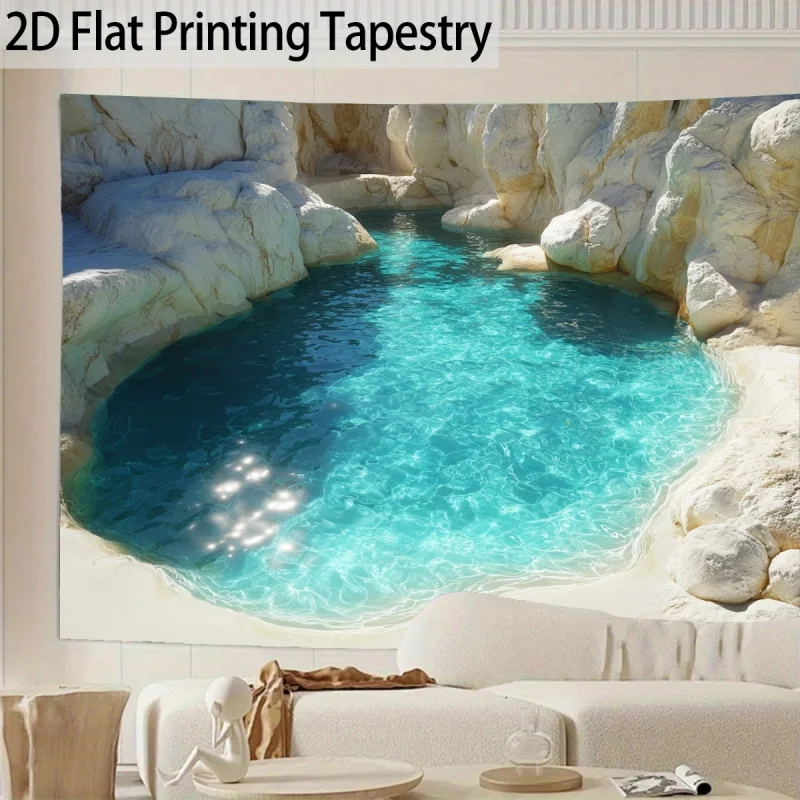 Turquoise Colored Pool, Natural Rocks, Cliff Scenery, Tapestry, Indoor/Outdoor Beach Theme, Polyester Fiber Wall Decoration