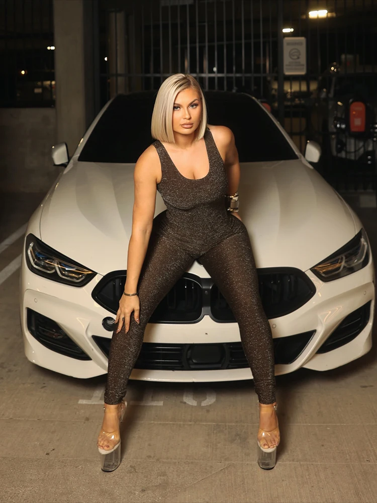 

Nibber Hot Girls Jumpsuits Woman Bright Silk 2026 Spring New Style Low-Neck Backless Skinny Peach Hip Street Fashion Overalls