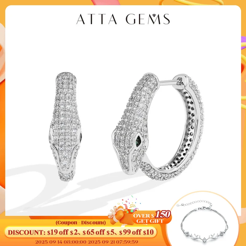 

ATTAGEMS 925 Silver Snake Earrings D Color VVS1 Full Moissanite Hoop Studs For Women Man Party Engagement Jewelry Accessories