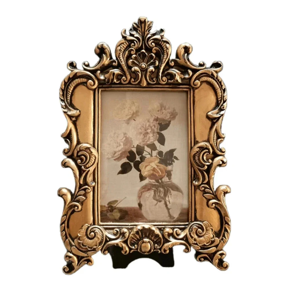 Antique Gold Photo Frame,6 Inch Resin, Picture Holder, Vintage Carved Ornate, Wedding, Office, Living Room Decor, Table Ornament