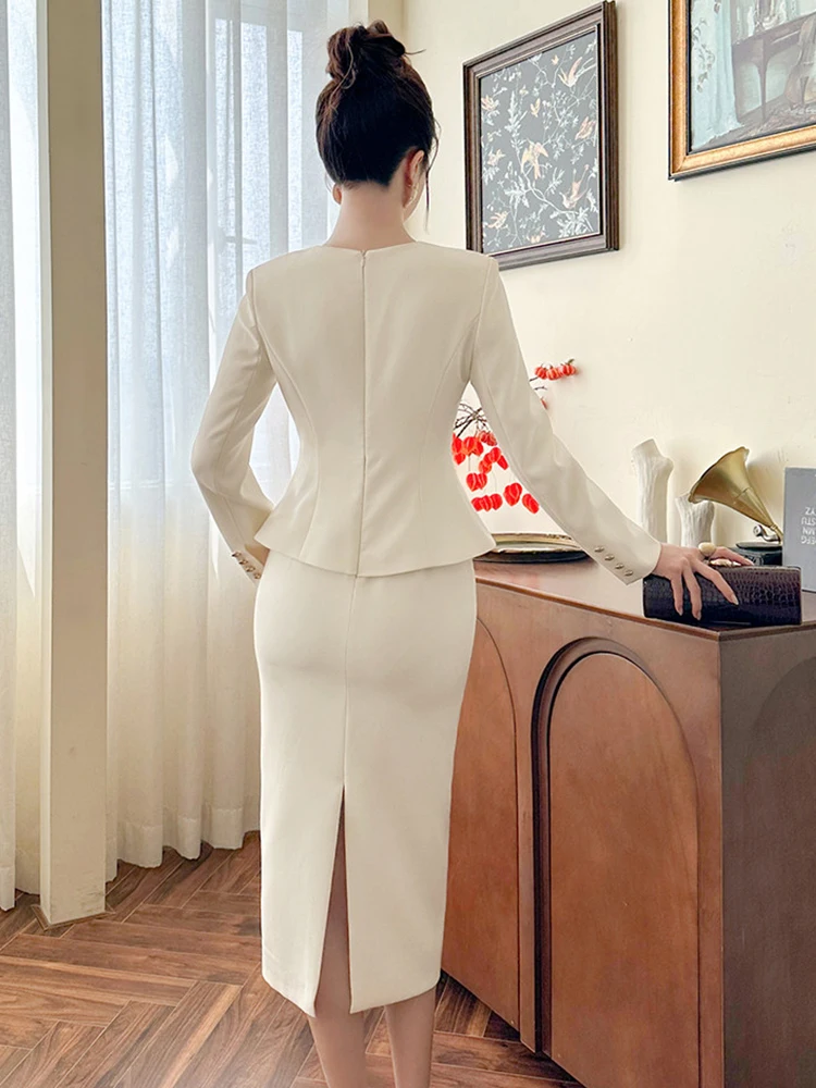 Donne d'affari falso 2 pezzi semplice abito solido manica lunga sottile midi abito a tubino elegante ufficio formale lavoro abiti da donna vestido
