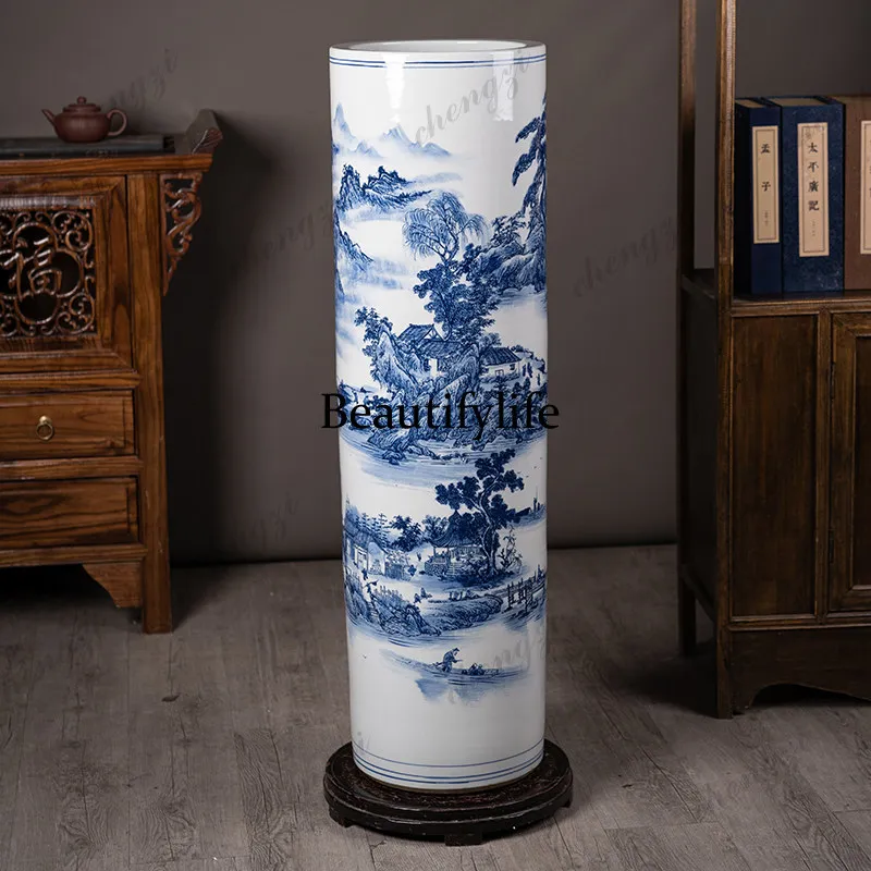 Ceramic blue and white floor vase quiver living room TV cabinet Chinese decorative calligraphy and painting storage ornament