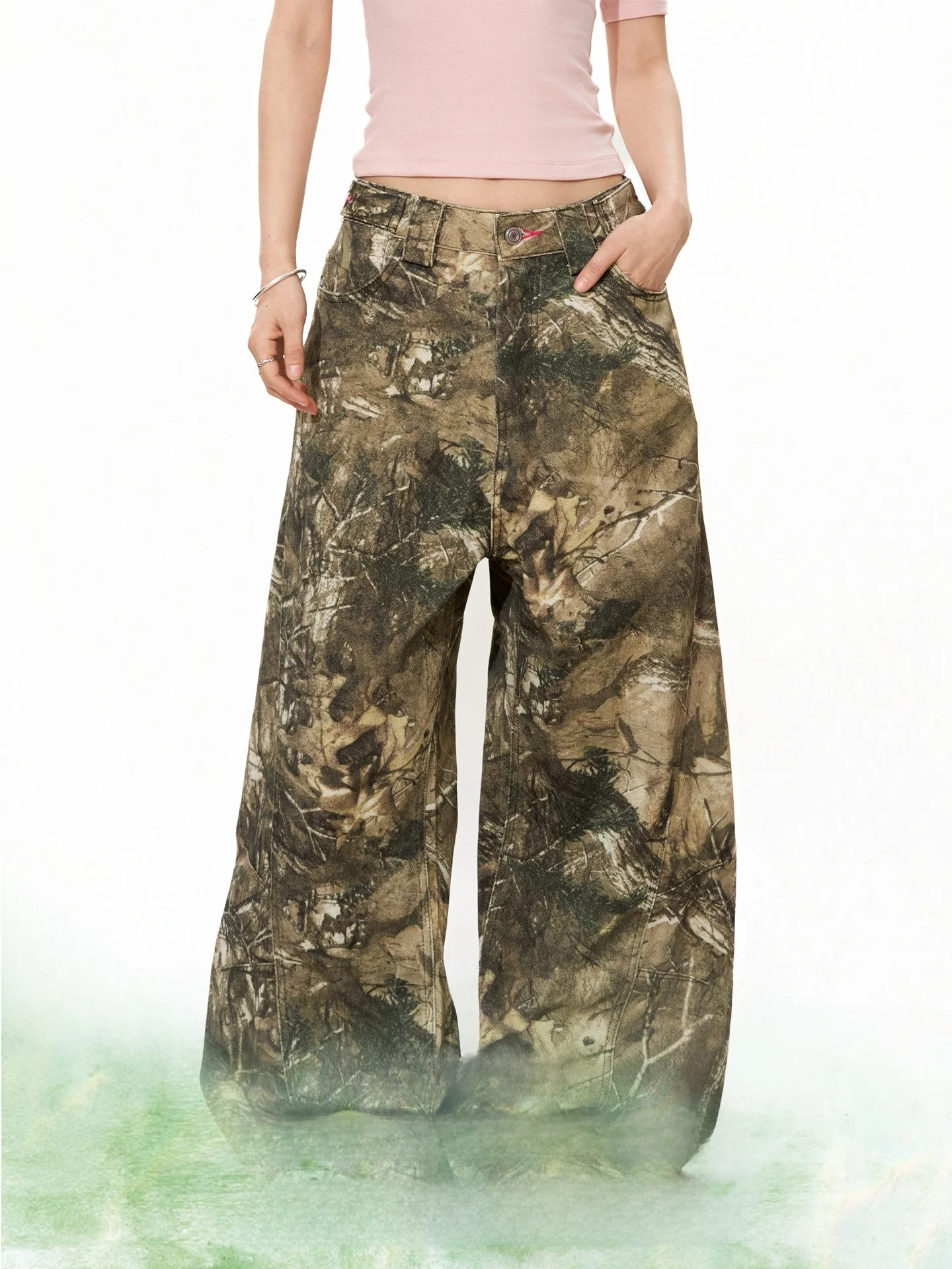 

American Style Retro Branch Camouflage Wide Leg Jeans for Women S3T5 Baggy Letter Embroidery Loose Fit Casual Trousers