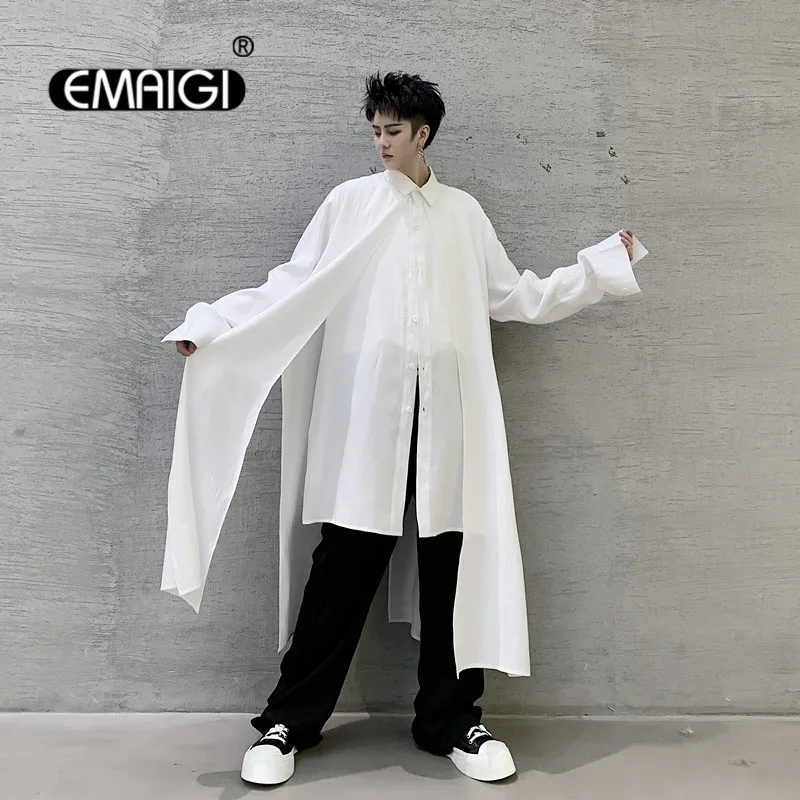 Men 2 Pieces Splice Casual Long Sleeve Shirts Male Streetwear Long Style Fashion Loose Dress Shirts Black White