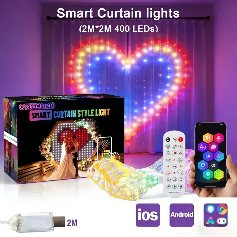 RGB LED Curtain String Lights Smart APP Bluetooth USB DIY Pixel Lights for Window Bedroom Party Decor
