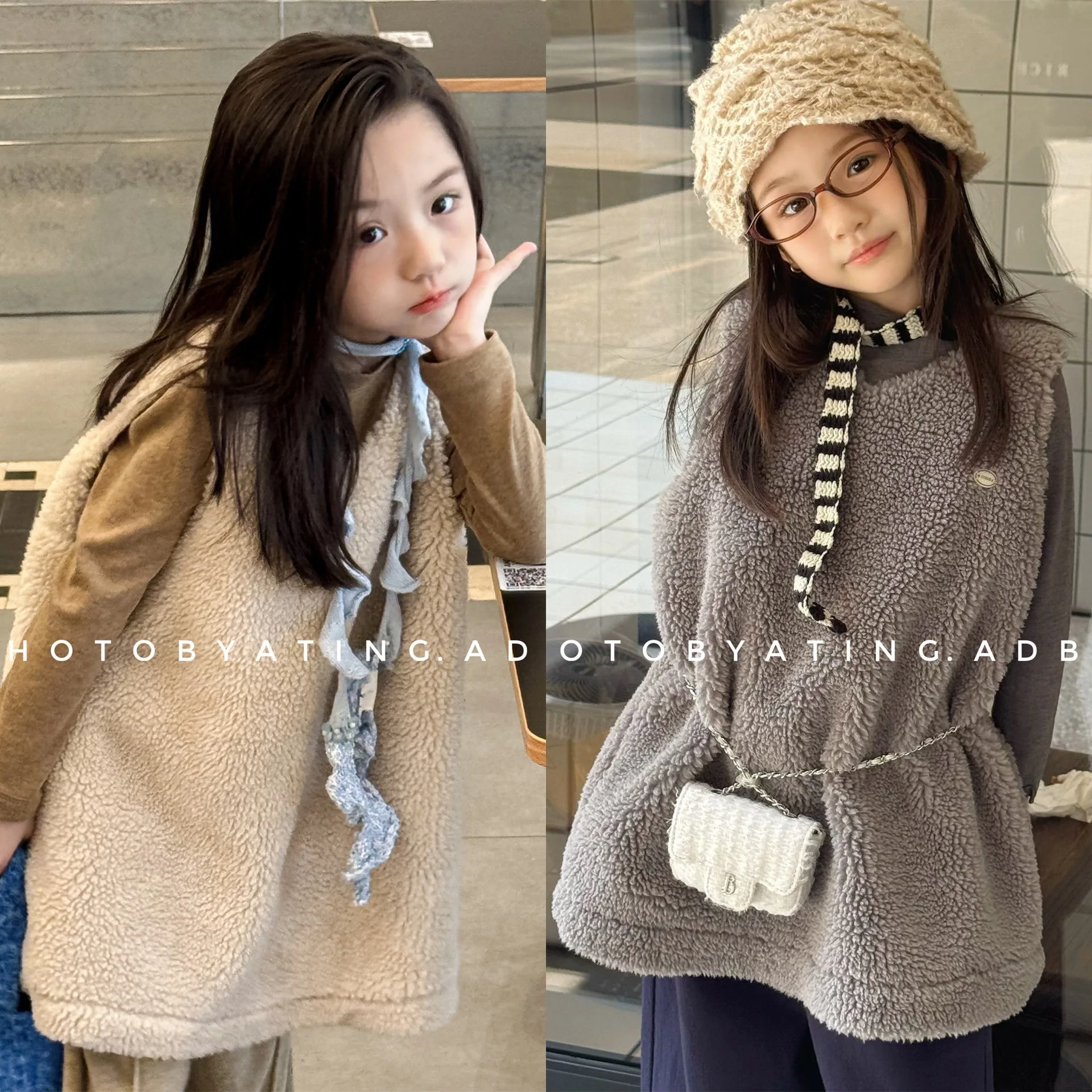 

Winter Kids Girls V-collar Dress Woolen Sleeveless Dresses For Infant Babys Girls Fleece Warm Toddler Little Girls Basic Shirts