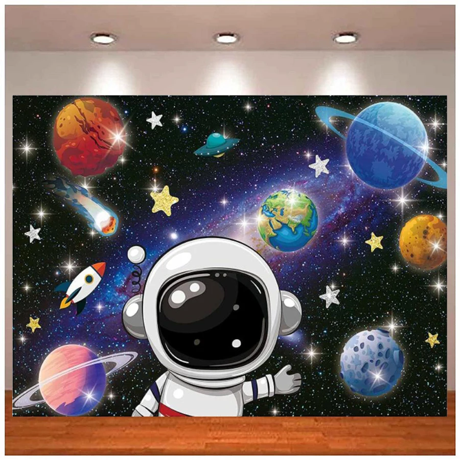 Outer Space Astronaut Photography Backdrop Galaxy Universe Planets Rocket Decor Kids Birthday Party Boys Shower Background