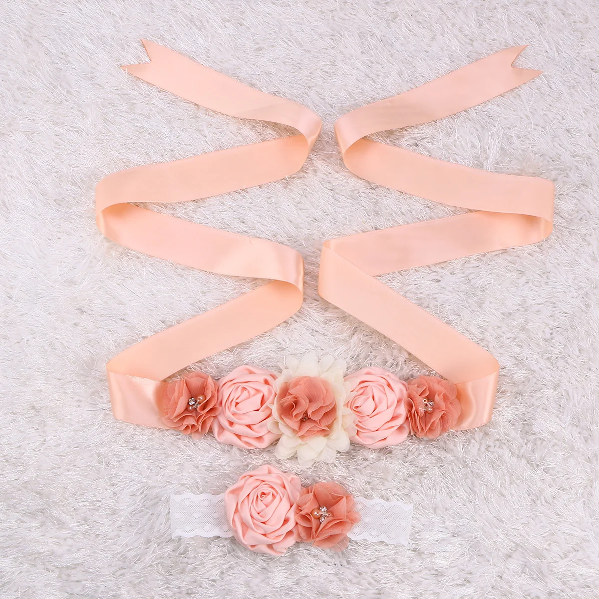 

2pcs Flower Sash Belt Satin Ribbon Rhinestone Pearl Handmade Floral Waistband For Wedding Bridesmaid Maternity Decor
