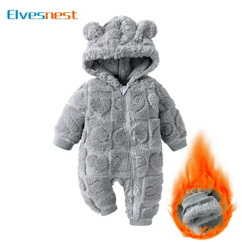 Cartoon Baby Clothes Boy Romper Long Sleeve Arctic Velvet Hooded Baby Girl Romper Winter Warm  Newborn Clothes 0-18 Months