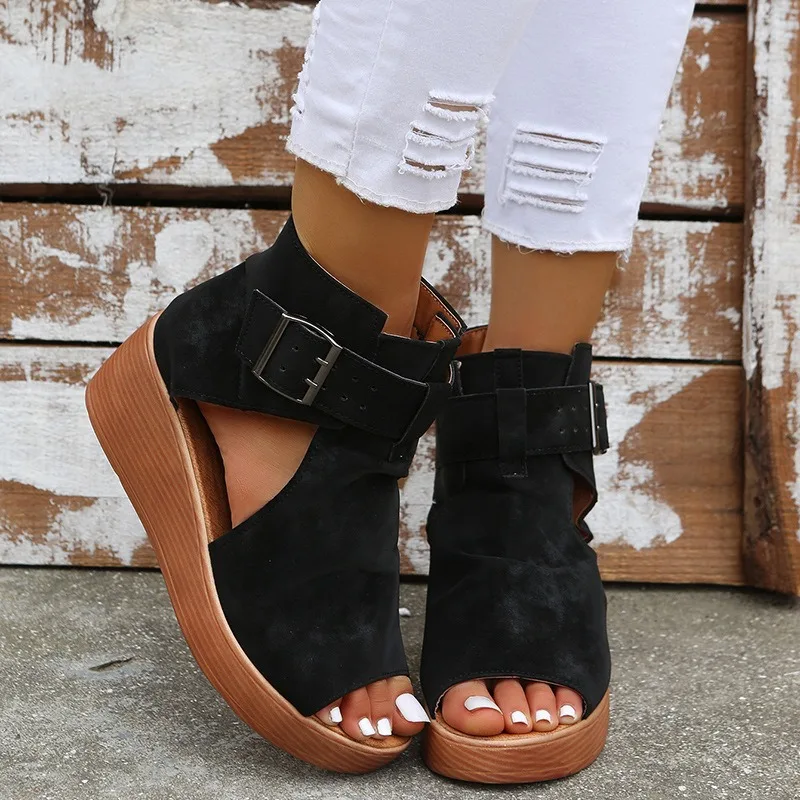 

Black Pu Buckle Open Toe Fashion Comfortable Cool Wedge Heel Versatile Commuter Vacation Women's Sandals