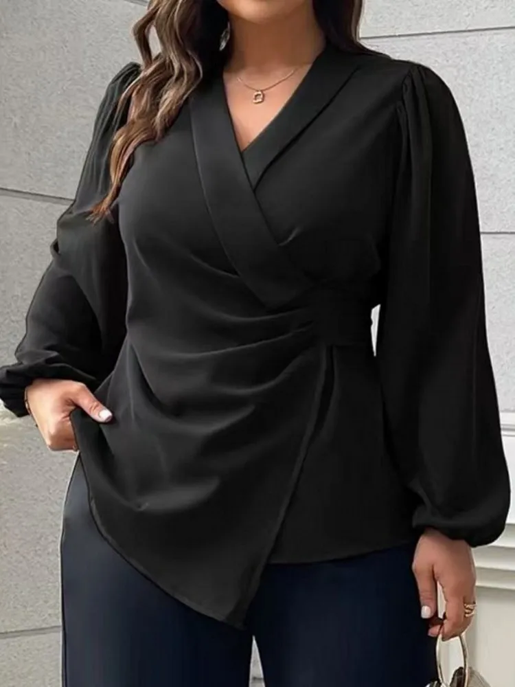 L-4XL حجم كبير المرأة بلوزات فضفاضة السيدات عادية الخامس الرقبة طويلة الأكمام قميص بلوزة 2026 الربيع الصيف نمط جديد كبير الحجم